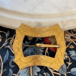 Antique Edwardian Ornate Gold Floral Motif Large Buckle Brooch Signed w/C-Clasp